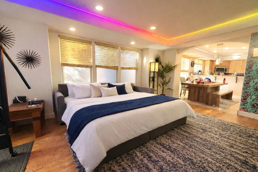 Bedroom with navy bedding