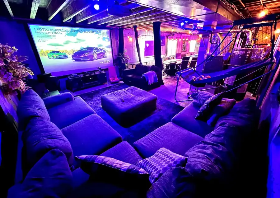 Theater room with sectional couches