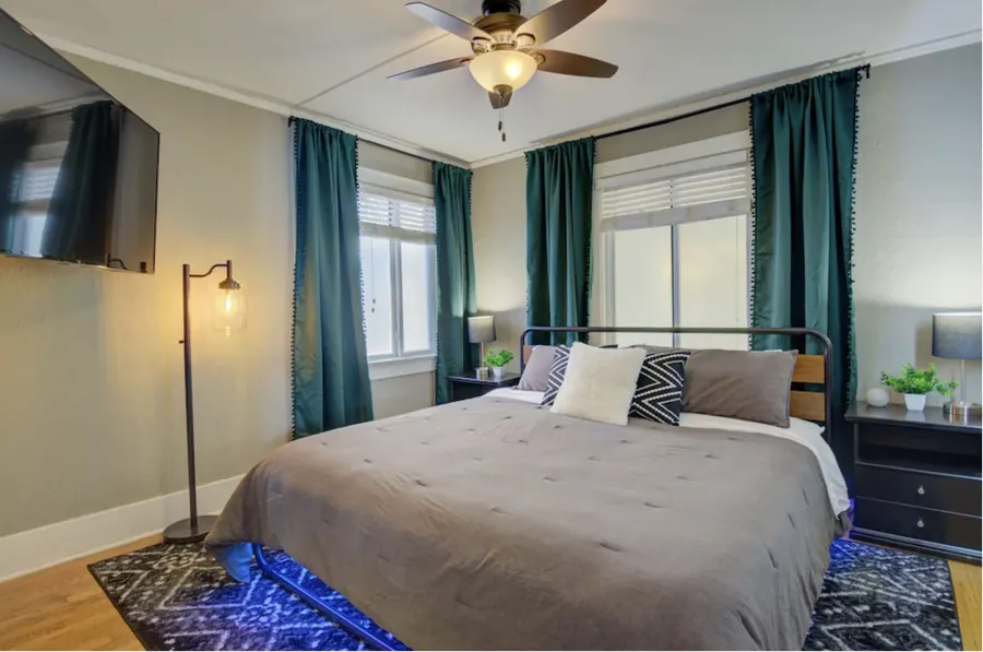 Bedroom with gray bedding
